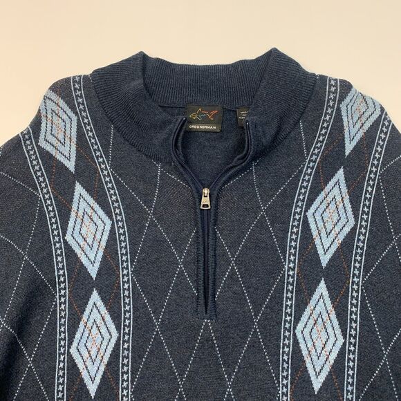 Greg Norman Sweater Mens XL Extra Large Storm Blue Argyle Wool Blend Quarter Zip - Picture 4 of 10